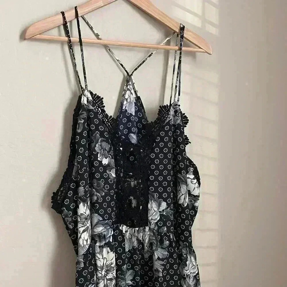 Free People Black Floral Midi Dress Crochet Chest - Picture 2 of 14